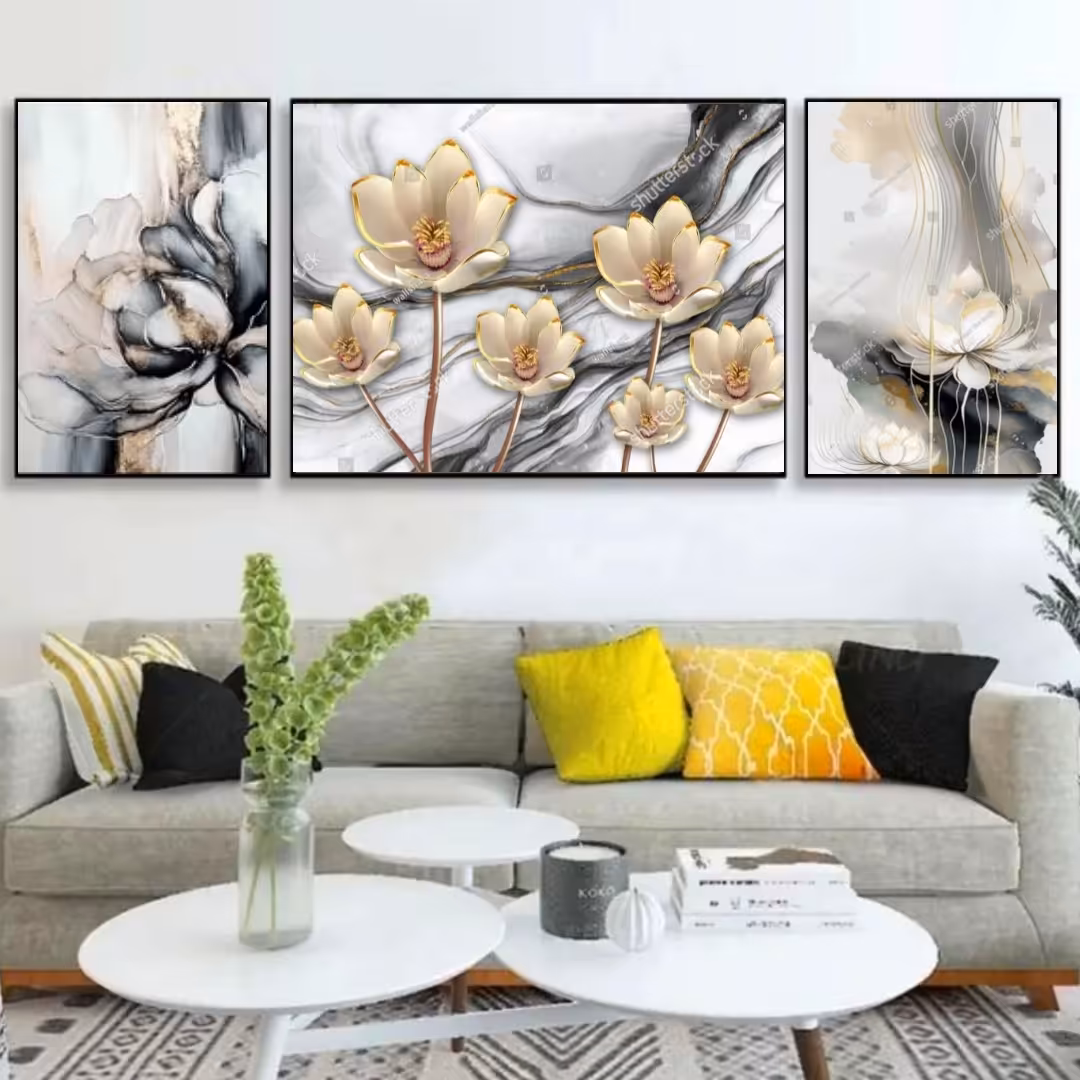 تابلو دکوراتیو گلهای سفید وطلایی با زمینه خاکستری سه تکه 