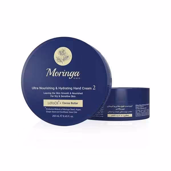 کرم دست فوق مغذی و آبرسان 2 مورینگا امو Moringa Emo حجم 250 میل | مناسب پوست‌ خشک و حساس
