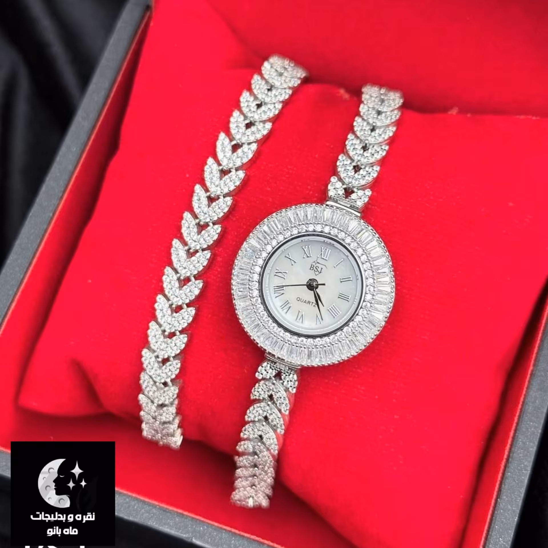 ست ساعت و دستبند نقره میکرو برگی باعیار 925 و آبکاری طلا سفید موتور میوتای ژاپن