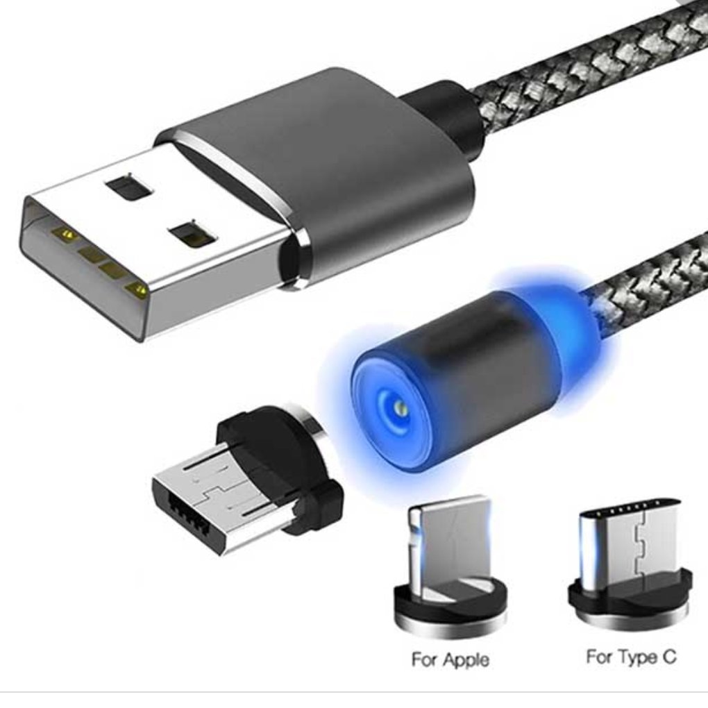 کابل شارژ مگنتی چراغ دار همراه با سه سه کانکتور Lightning ،Micro USB و Type-C