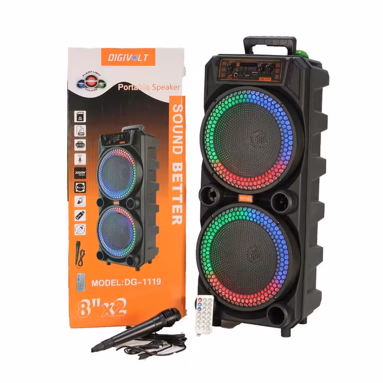 اسپیکر بلوتوثی 16 اینچ مدل DG 1119 با تنوع رقص نور های مختلف و صدای پر حجم و قوی دارای ساب و تیوتر مناسب مجالس