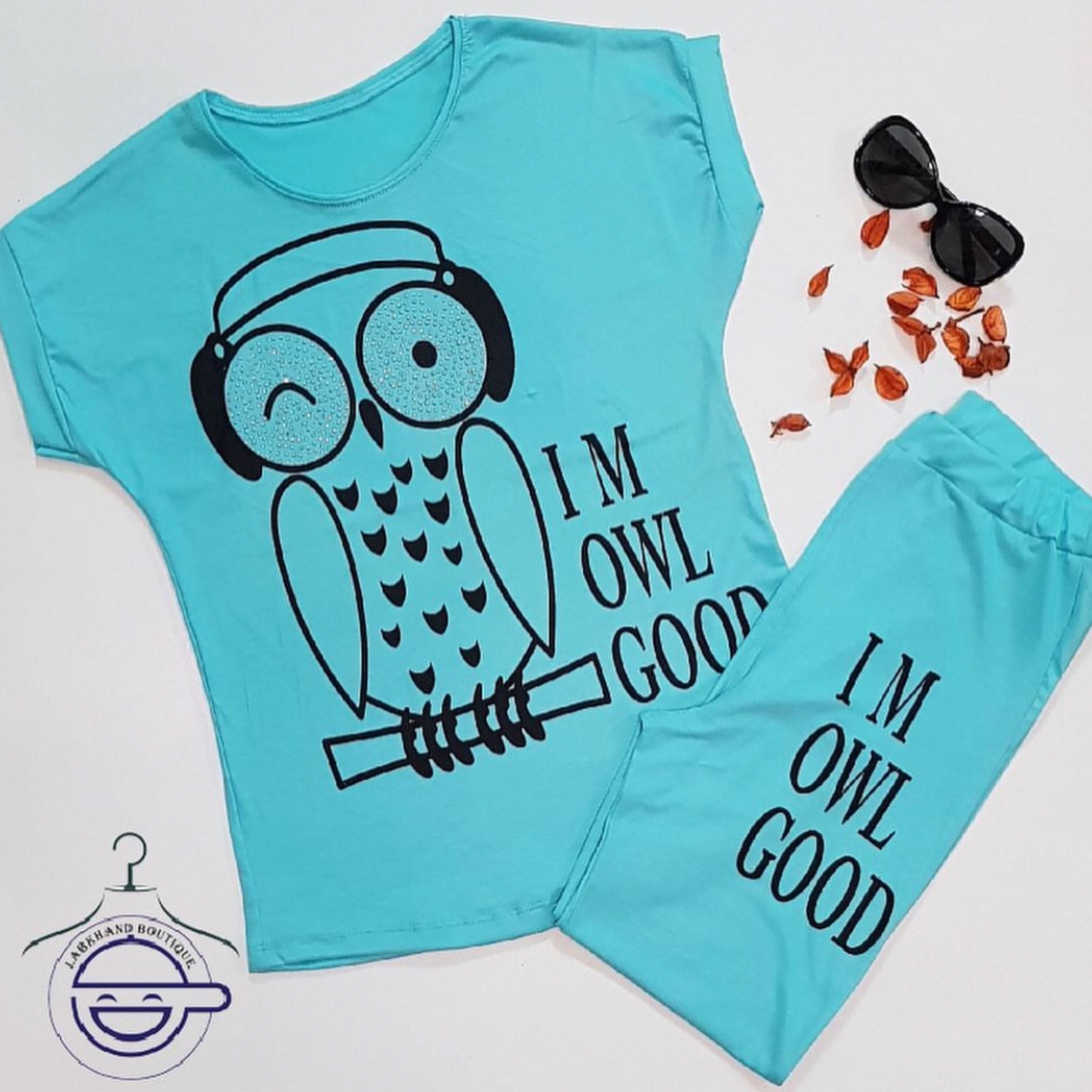 تیشرت شلوار جغد نگین دار جنس اسپان رنگی در پنج رنگ سایزفری