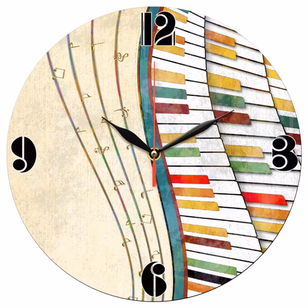 ساعت دیواری گرد مدل 1369 طرح پیانو و نت موسیقی قطر 30 سانتیمتر
