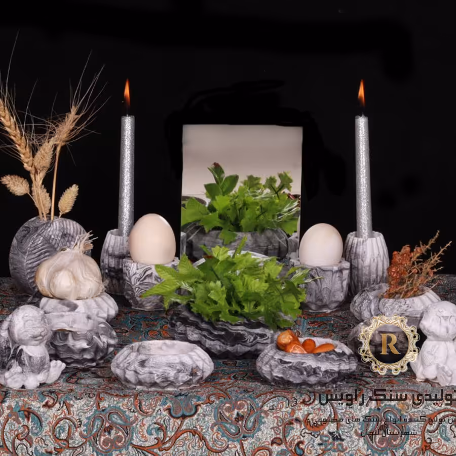 پک کامل سفره هفت سین مدل جئومتریک شامل ست 9 تکه ظرف هفت سین پایه آینه و پایه تخم مرغ سنگی 