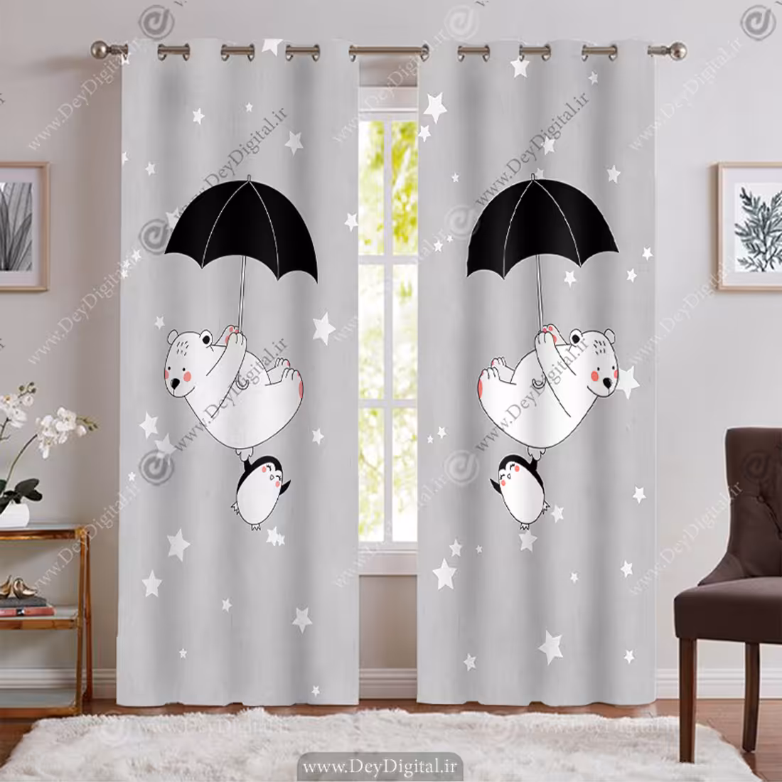 پرده چاپی اتاق کودک طرح خرس قطبی چتر باز BA-9285