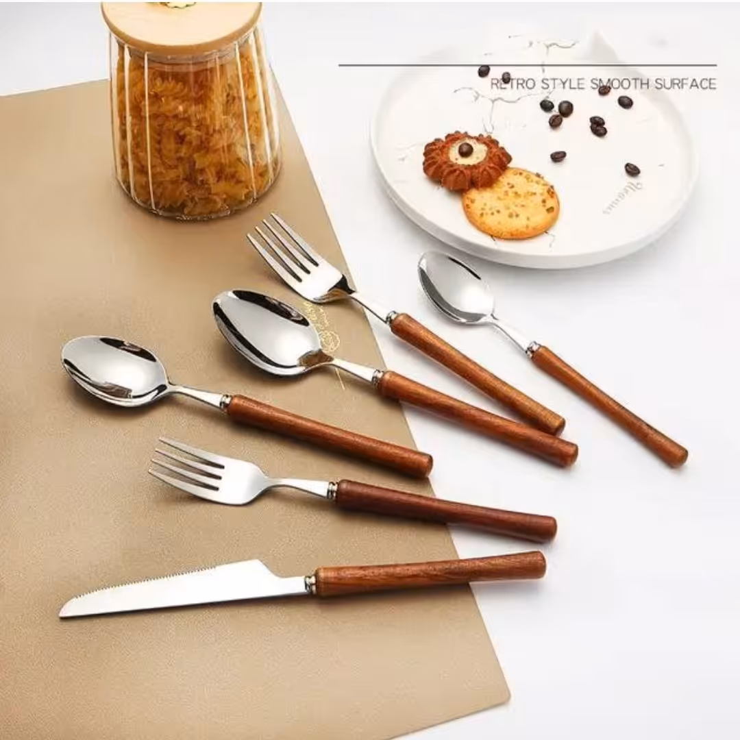 ست قاشق چنگال دسته چوبی تیره