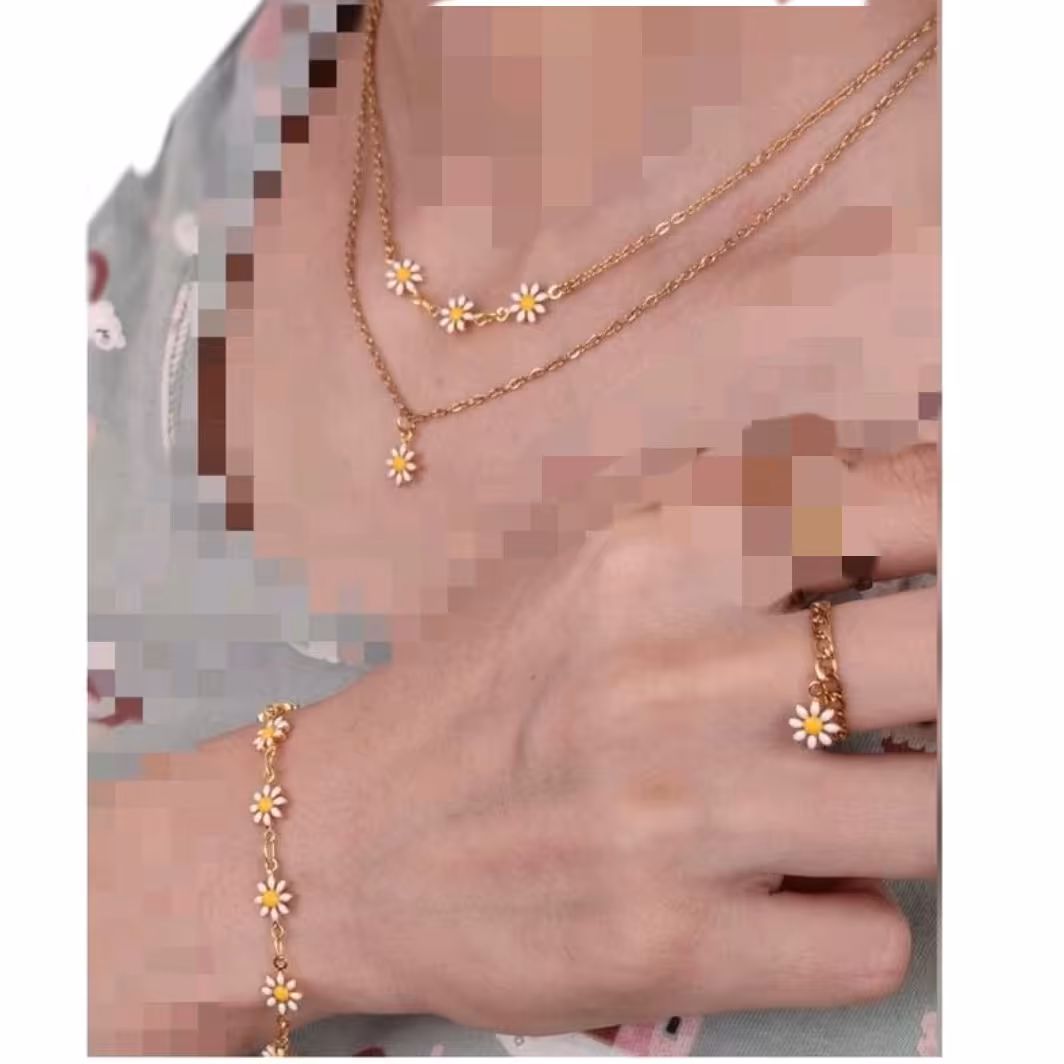 ست دستبند و گردنبند و انگشتر بابونه و زنجیر استیل