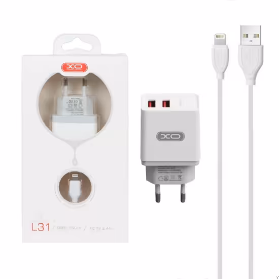 شارژر دیواری فست 12W دو پورت XO مدل XO-L31 به همراه کابل آیفون