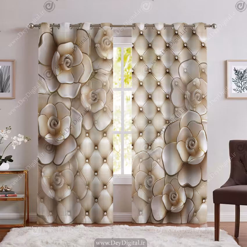 پرده چاپی گل سه بعدی سفید با زمینه لمسه PK-5986