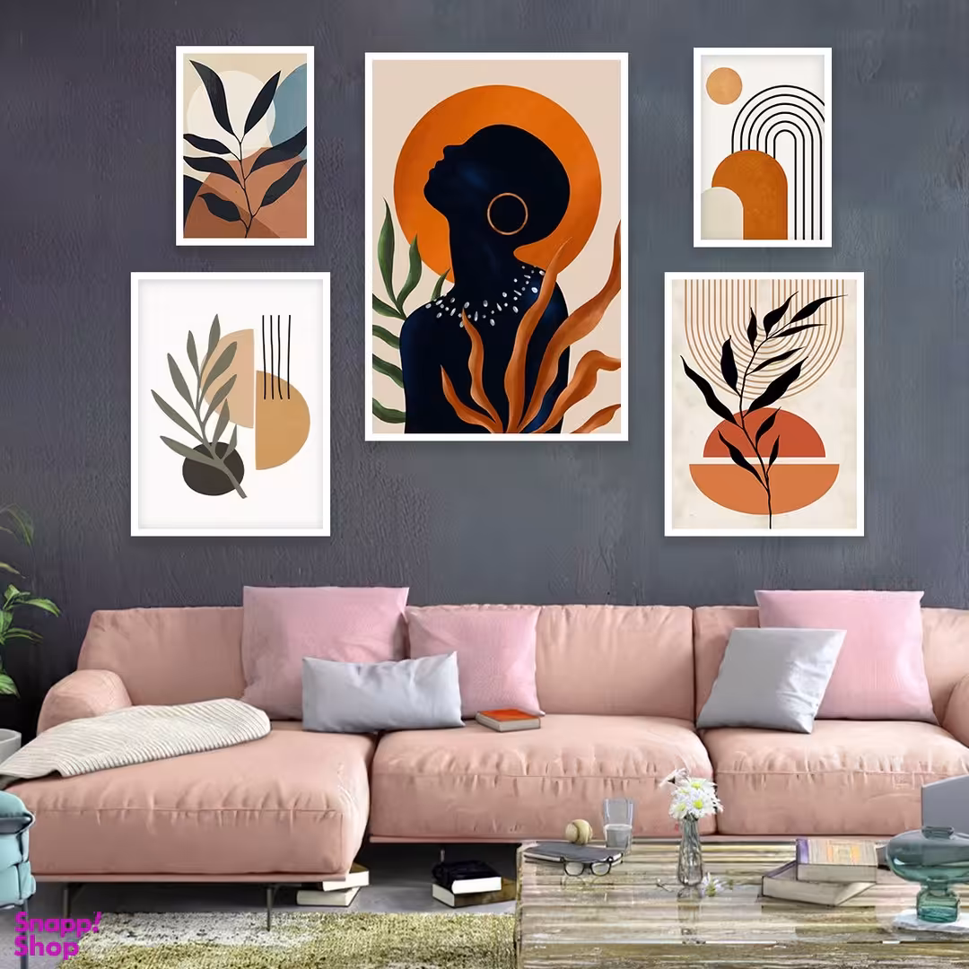 تابلو بکلیت مدل طرح نقاشی مینیمال برگ W-956  مجموعه 5 عددی