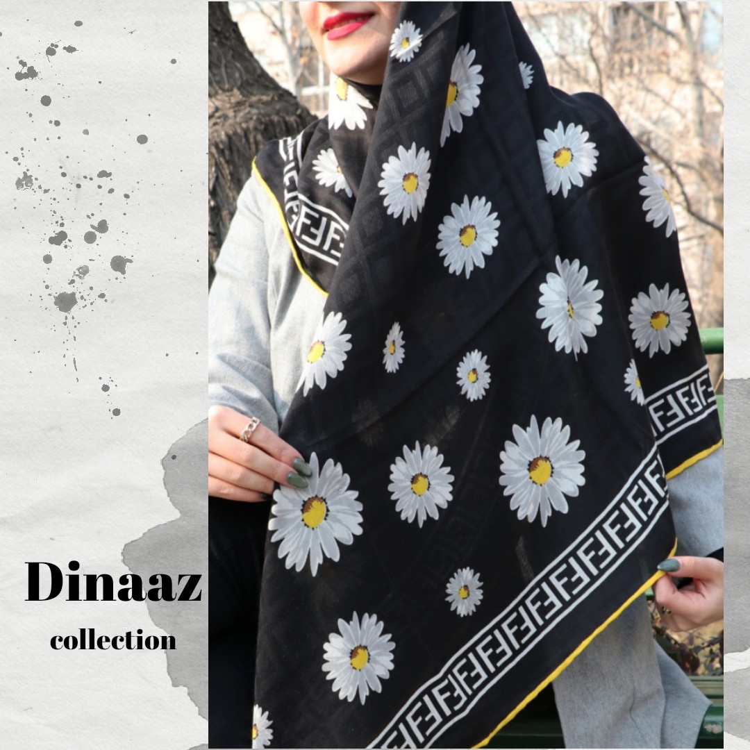 روسری نخی طرح بابونه رنگ مشکی قواره 120دارای رنگ بندی ایستایی عالی
