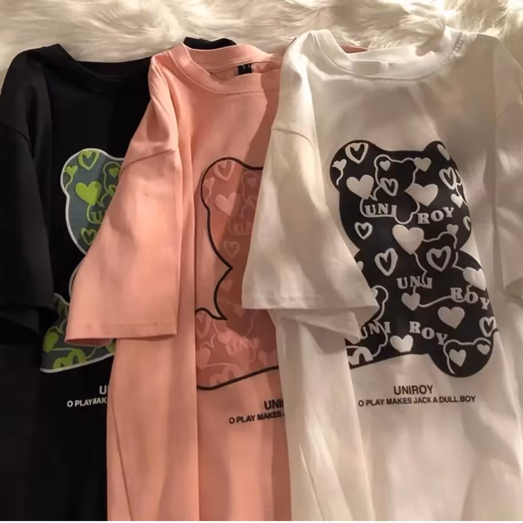 تیشرت لانگ خرسی برجسته رنگ مشکی