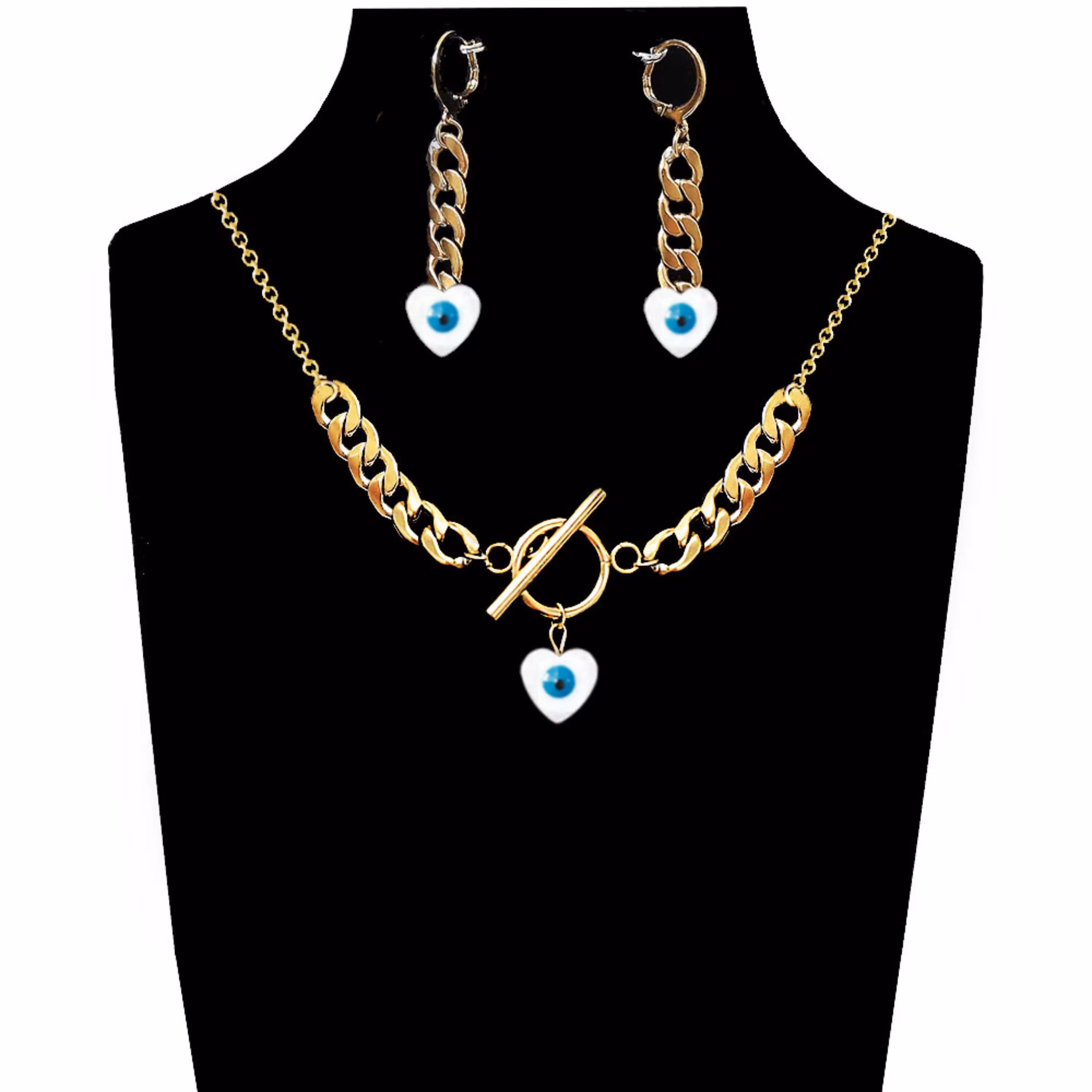 نیم ست گوشواره و گردنبند کارتیر استیل قلبی پلاک صدف و چشم نظر زنانه و دخترانه