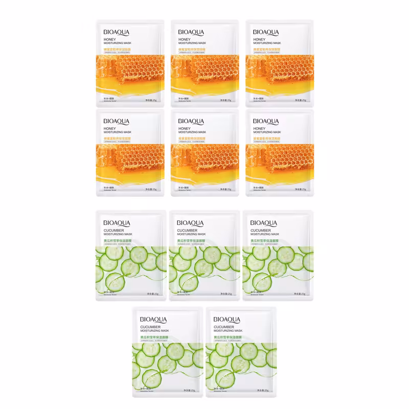 ماسک صورت بایو آکوا مدل عسل وزن 25 گرم مجموعه 6 عددی به همراه ماسک صورت مدل روشن کننده وزن 30 گرم بسته 5 عددی