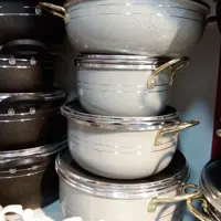 سرویس قابلمه گرانیت بلکر 7پارچه 3عدد قابلمه 1عدد تابه دسته طلایی نسوز  درب دار داخل زنبوری رنگ مشکی طوسی نسکافه ای