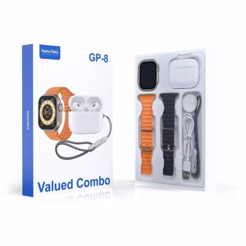 پک ساعت هوشمند و ایرپاد با دو جفت بند مشکی و نارنجی با کلی قابلیت