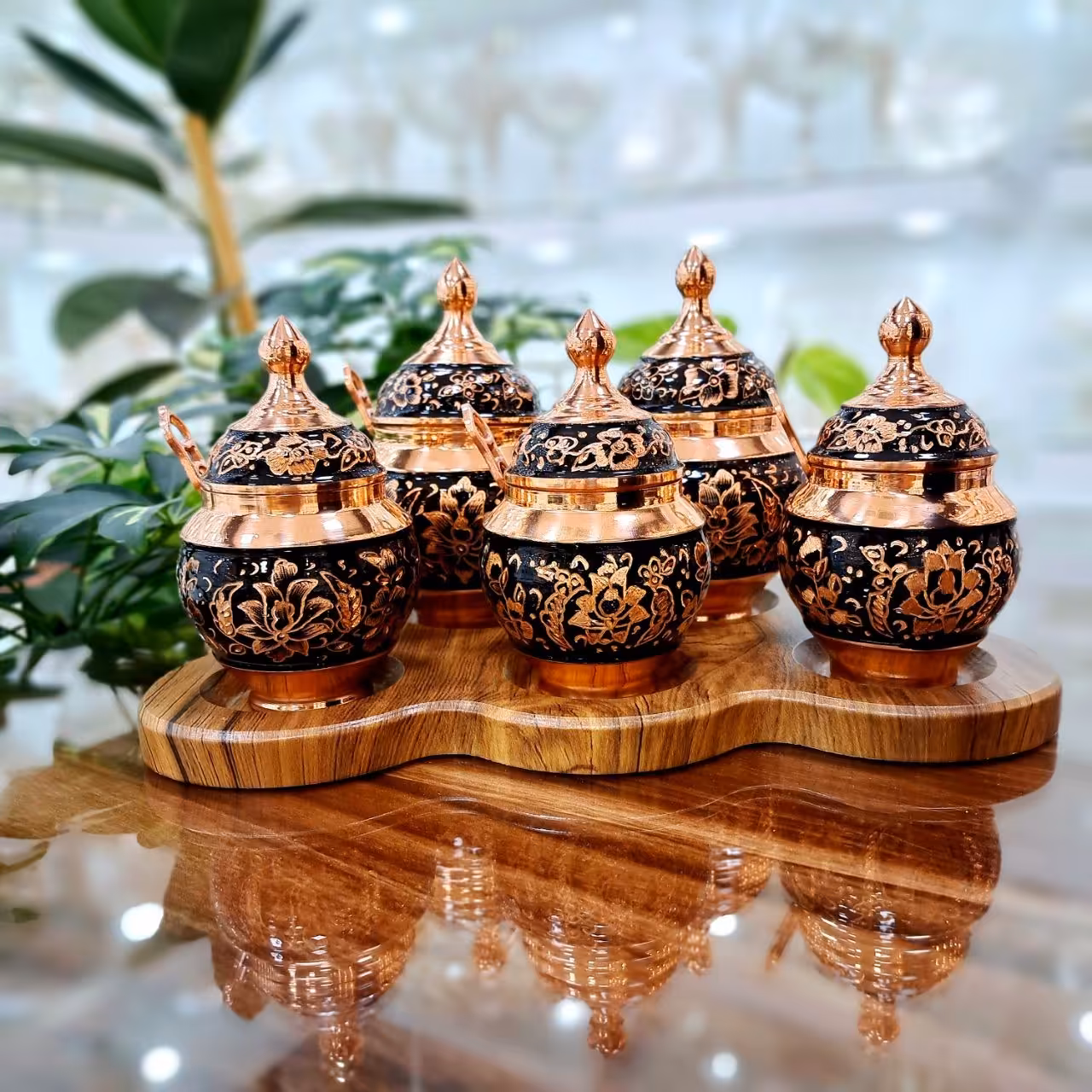 ست جا ادویه ای جدید و فانتزی مس الماس تراش با استند چوبی با بالاترین کیفیت (خرید مستقیم از تولیدی)