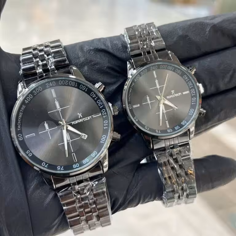 ساعت ست مردانه زنانه رومانسون بند استیل مشکی صفحه مشکی 6 ماه گارانتی