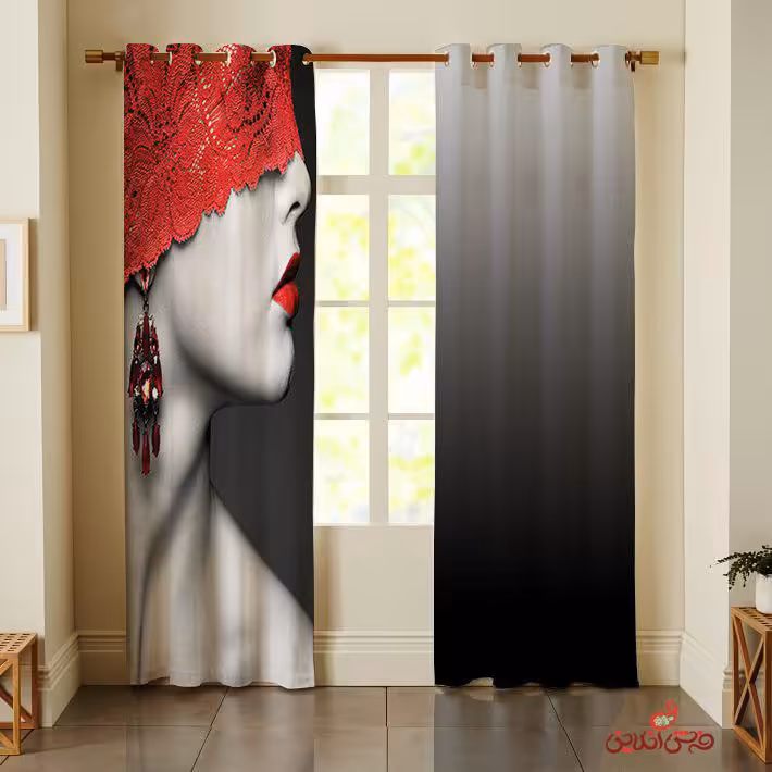 پرده 2عددی چهره زن چشم بند دار و آمبره مشکی سفید  کد 2512