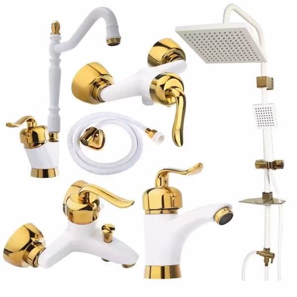 ست 6 تیکه شیرآلات قاجاری سفیدطلایی به همراه علم دوش حمام دوکاره و شلنگتوالت