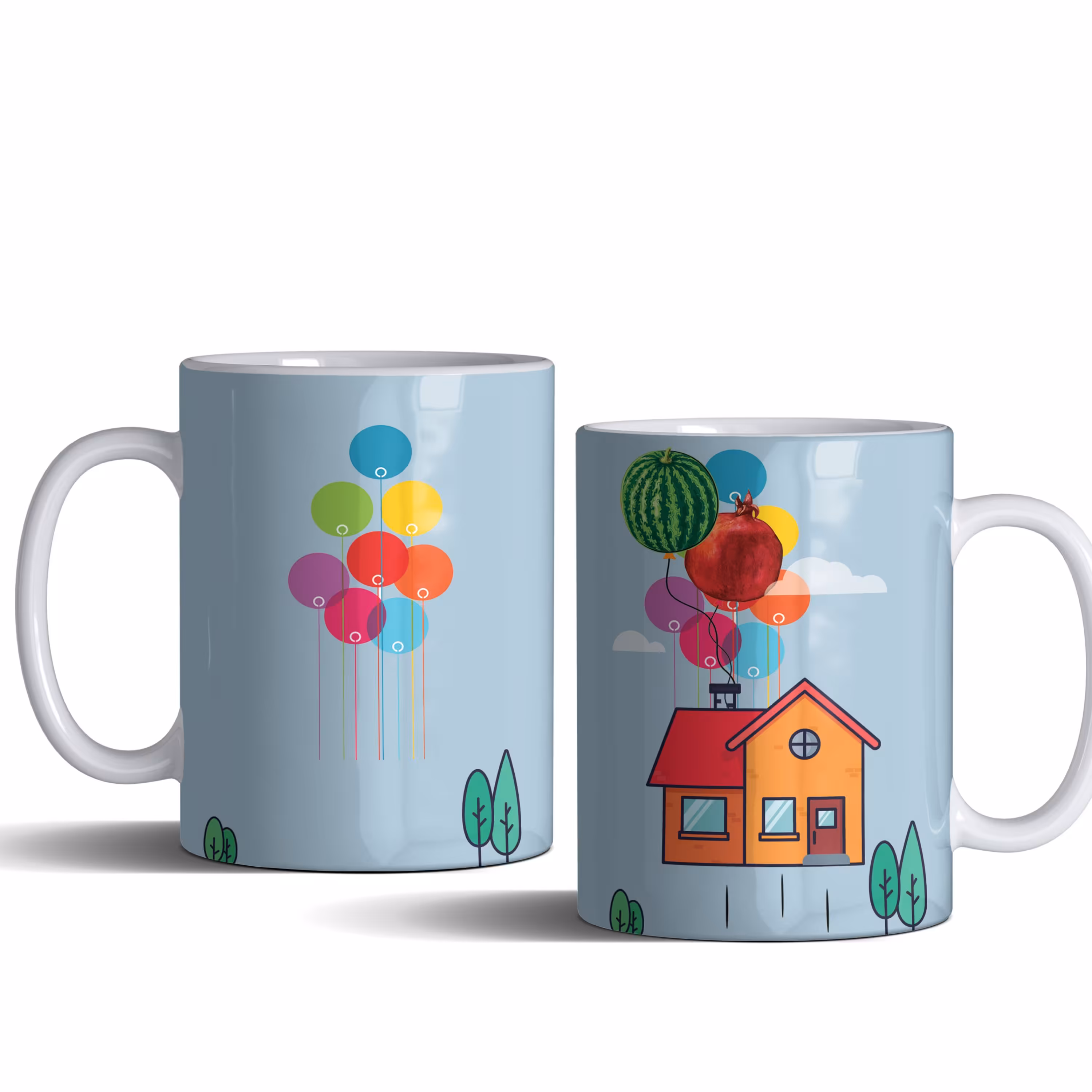 لیوان (ماگ) شب یلدا با بک گراند آبی روشن و طرح هندوانه و انار