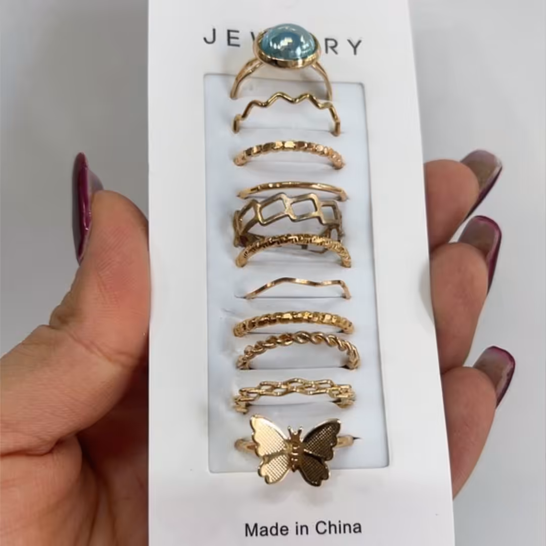 پک انگشتر ، انگشتر چند عددی ، یازده تا انگشتر ، طرح پروانه  بزرگ، رنگ طلایی 