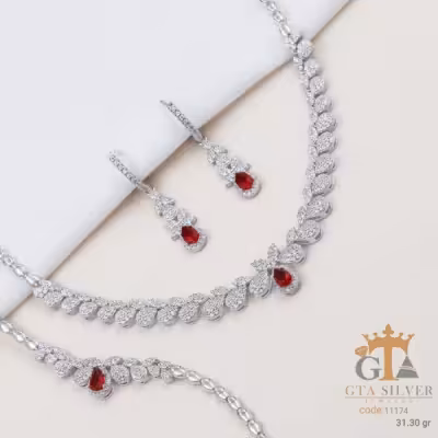 سرویس نقره زنانه با سنگ یاقوت قرمز و سرخ عیار 925 کد 11174