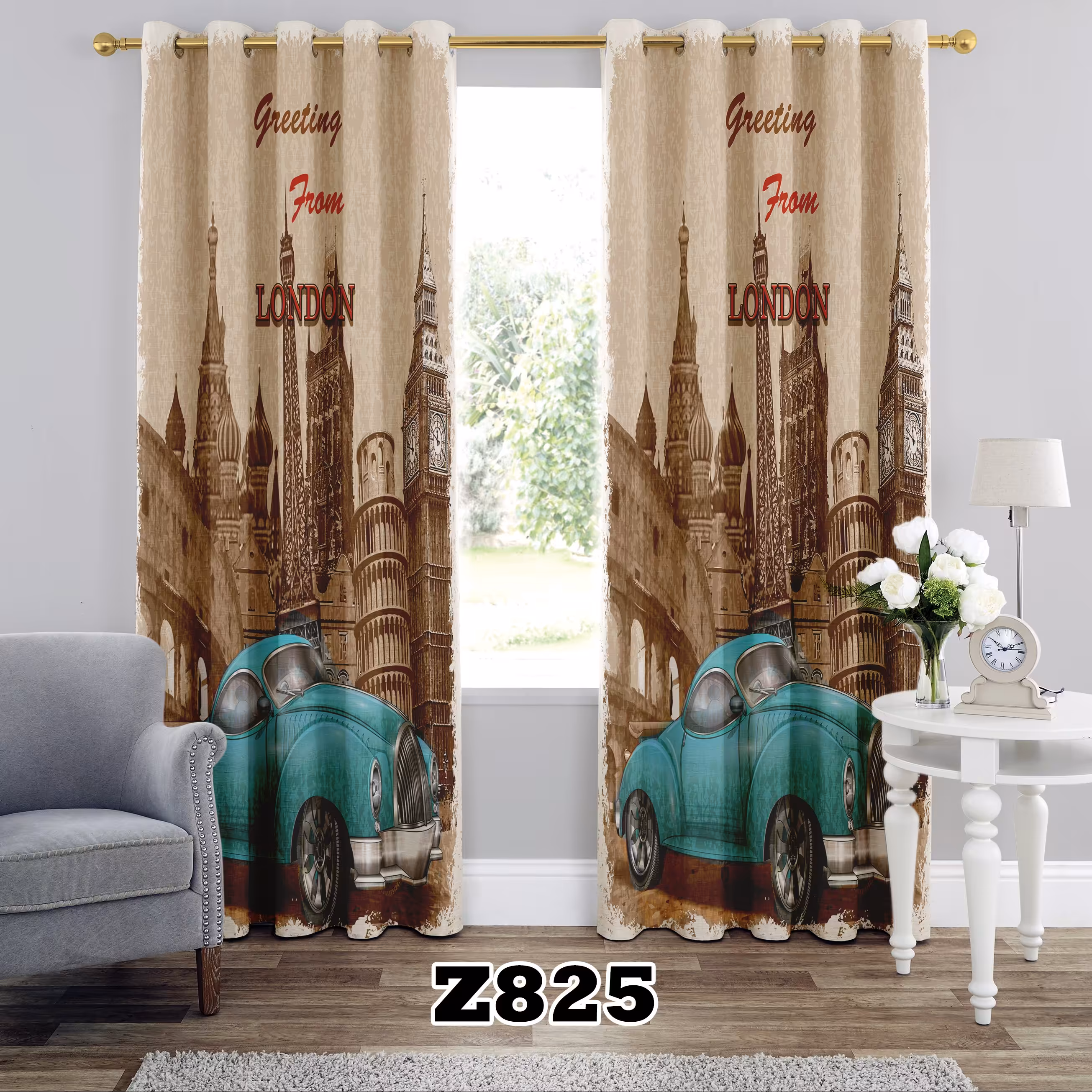 پرده چاپی طرح ماشین کد Z825 تک قواره ارتفاع 300 عرض 140 سانت