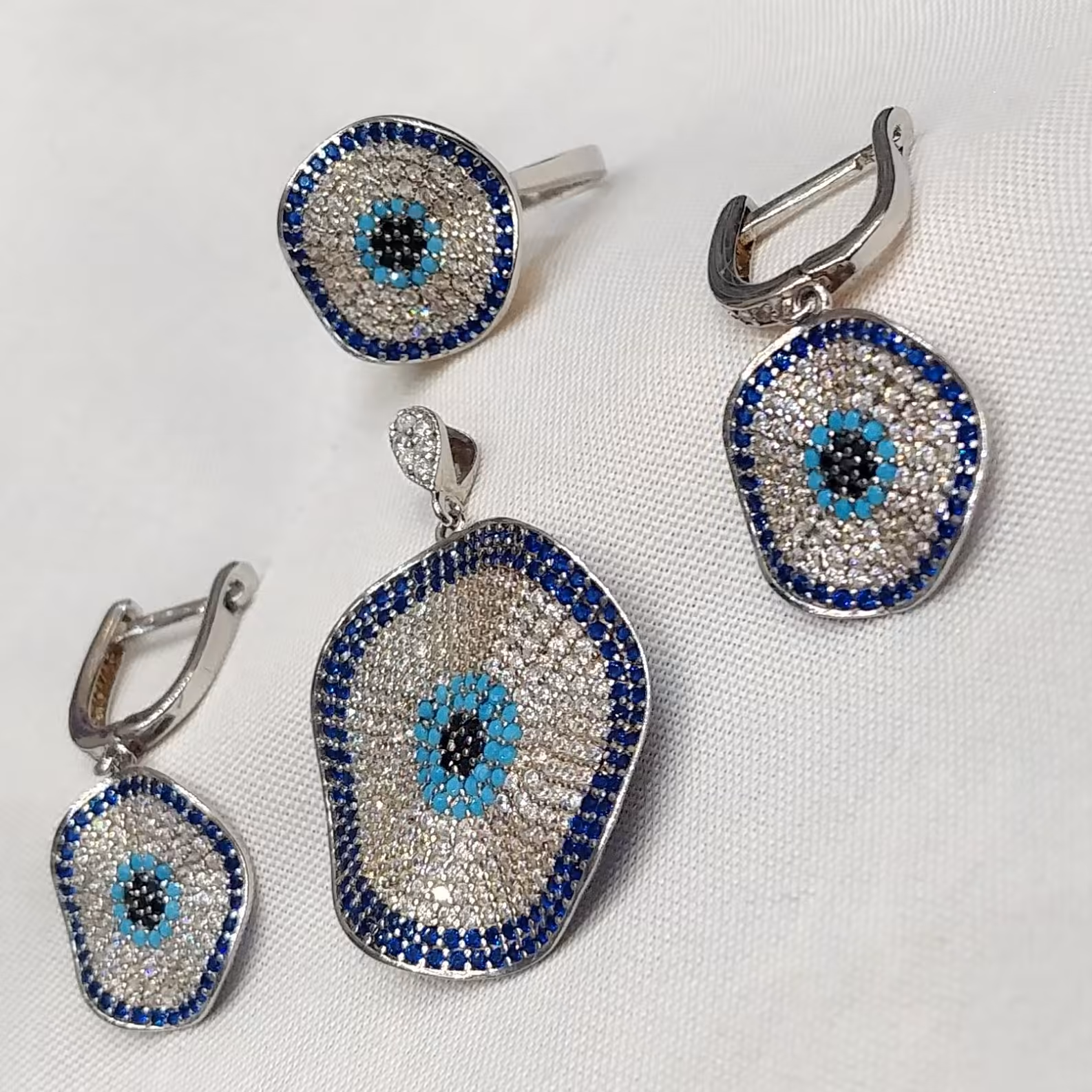 نیم ست نقره میکرو رنگی طرح چشم نظر عیار925 آبکاری شده،کد 13