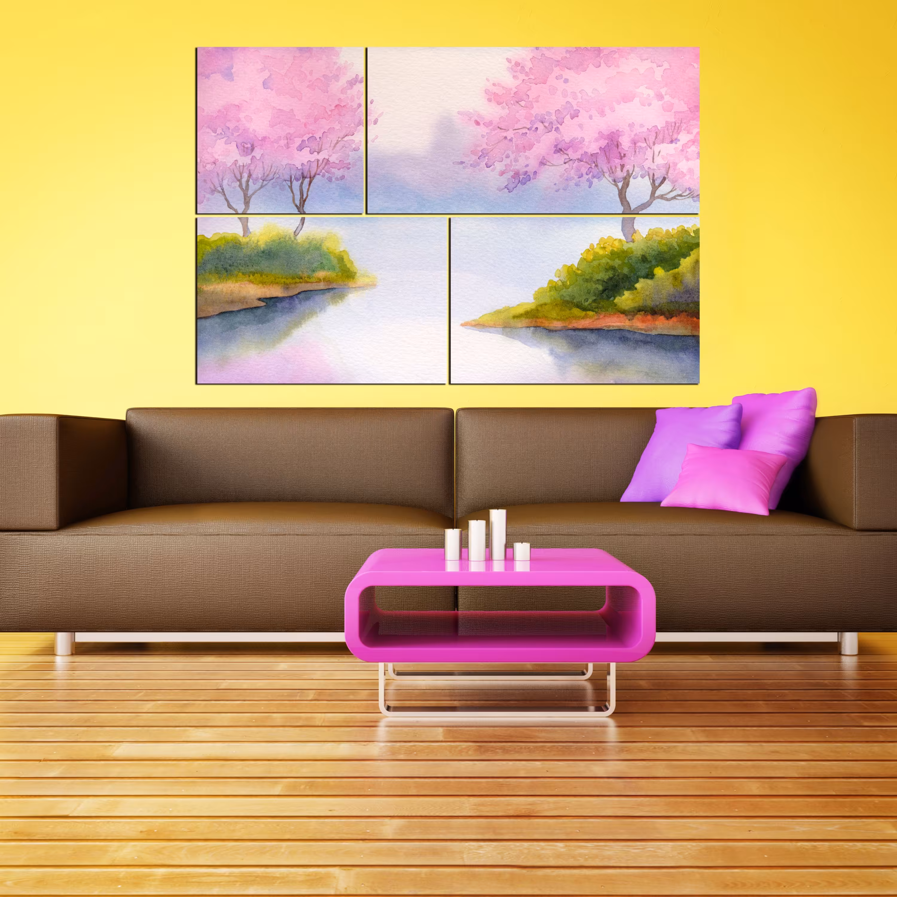 تابلو شاسی چهار تکه طرح نقاشی درخت و دریاچه سایز 60X90