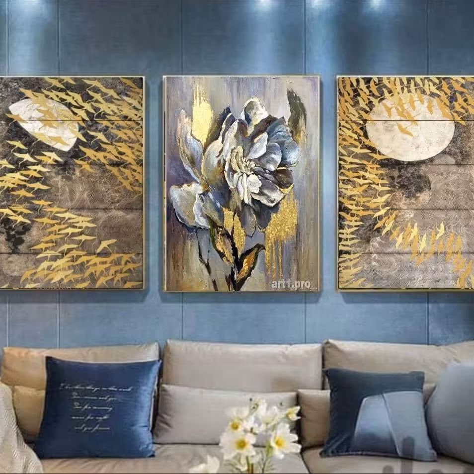 تابلو دکوراتیو  طرح پرنده های طلایی سه تکه 