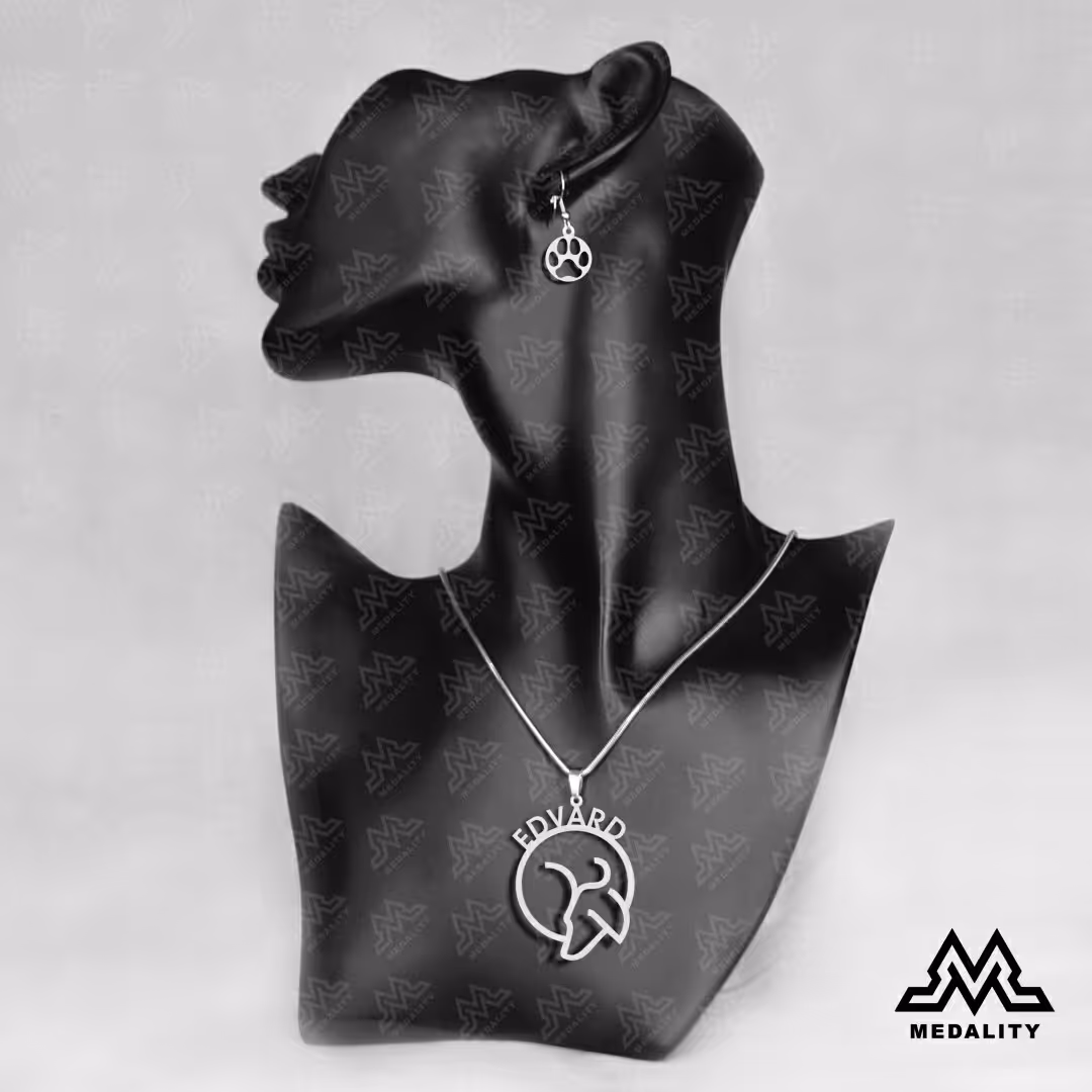 پلاک گردنبند و گوشواره طرح حیوانات خانگی سگ همراه با اسم اختصاصی جنس استیل مرغوب رنگ ثابت ضد حساسیت و کم وزن 