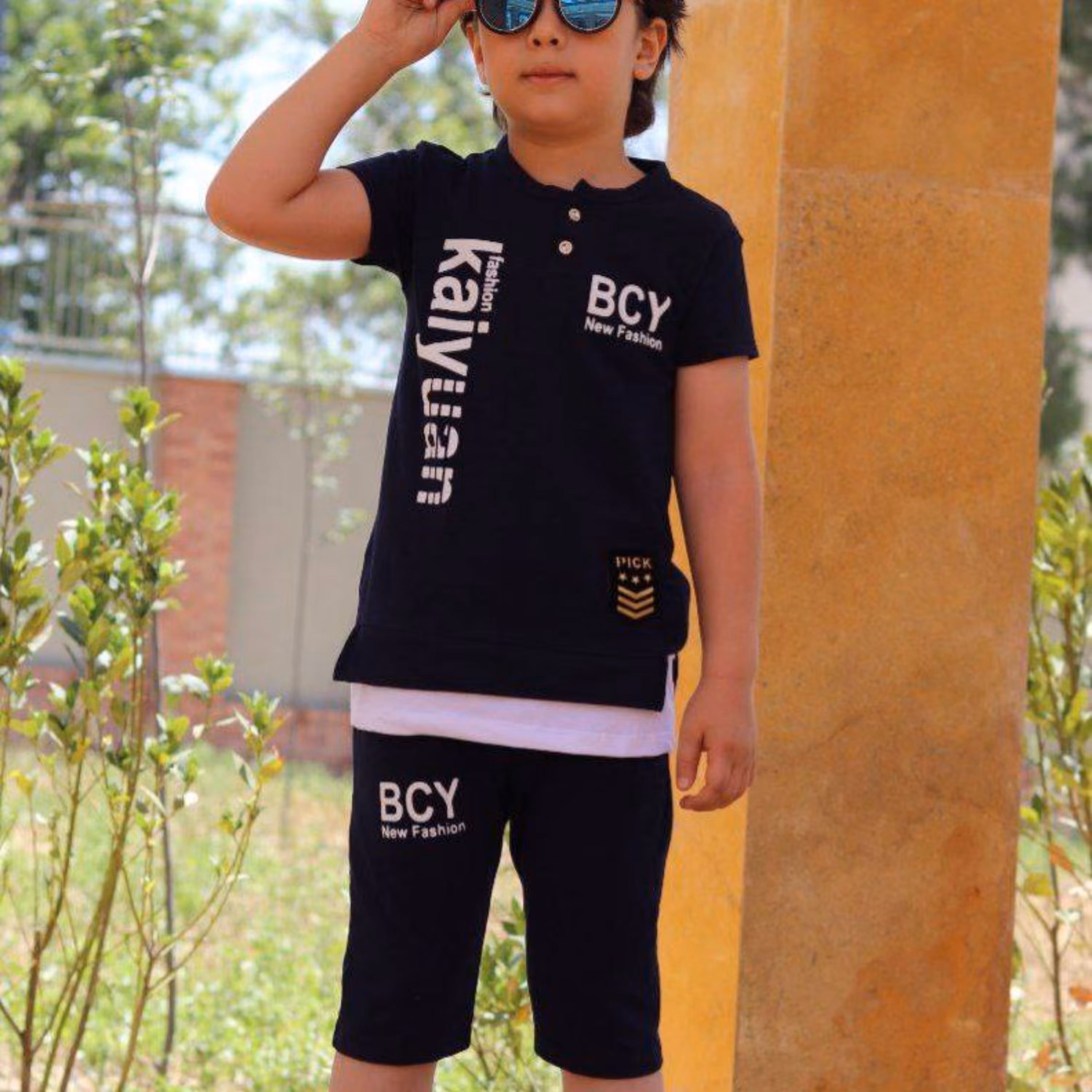 ست تیشرت و شلوارک پسرانه یقه گرد دودکمه و لانگ 2تا9 سال