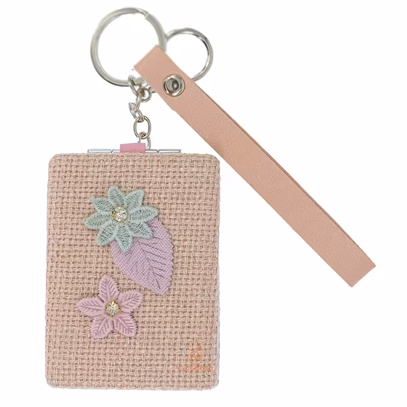 آینه مستطیلی جیبی (آرایشی) فانتزی پارچه ای صورتی طرح گل 075