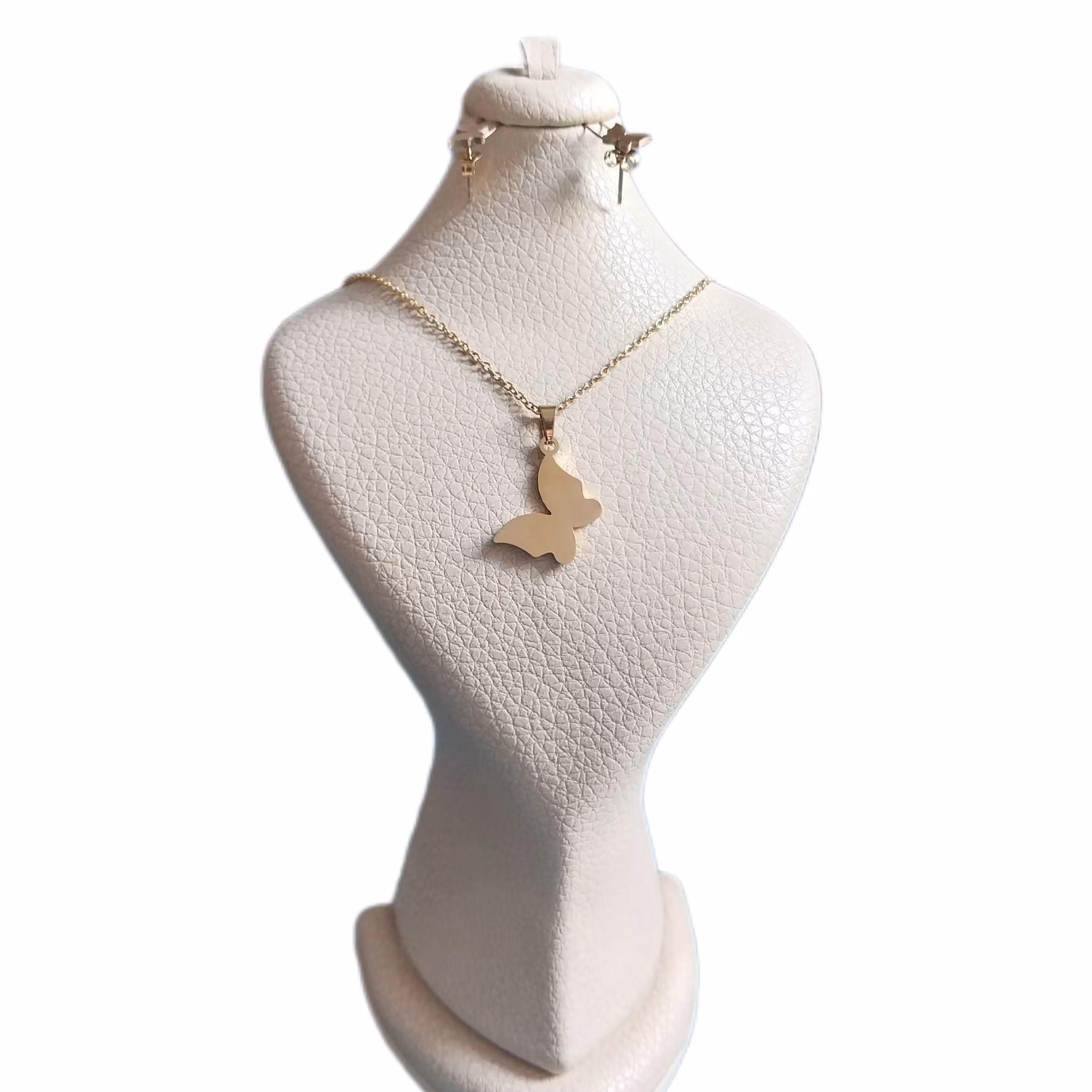 نیم ست طلایی رنگ گوشواره و گردنبند با طرح پروانه 5