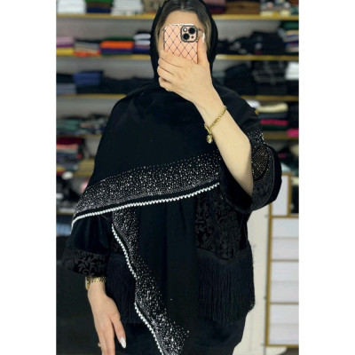 روسری کرپ حاشیه نگین کاری شده مرواریدی مجلسی
