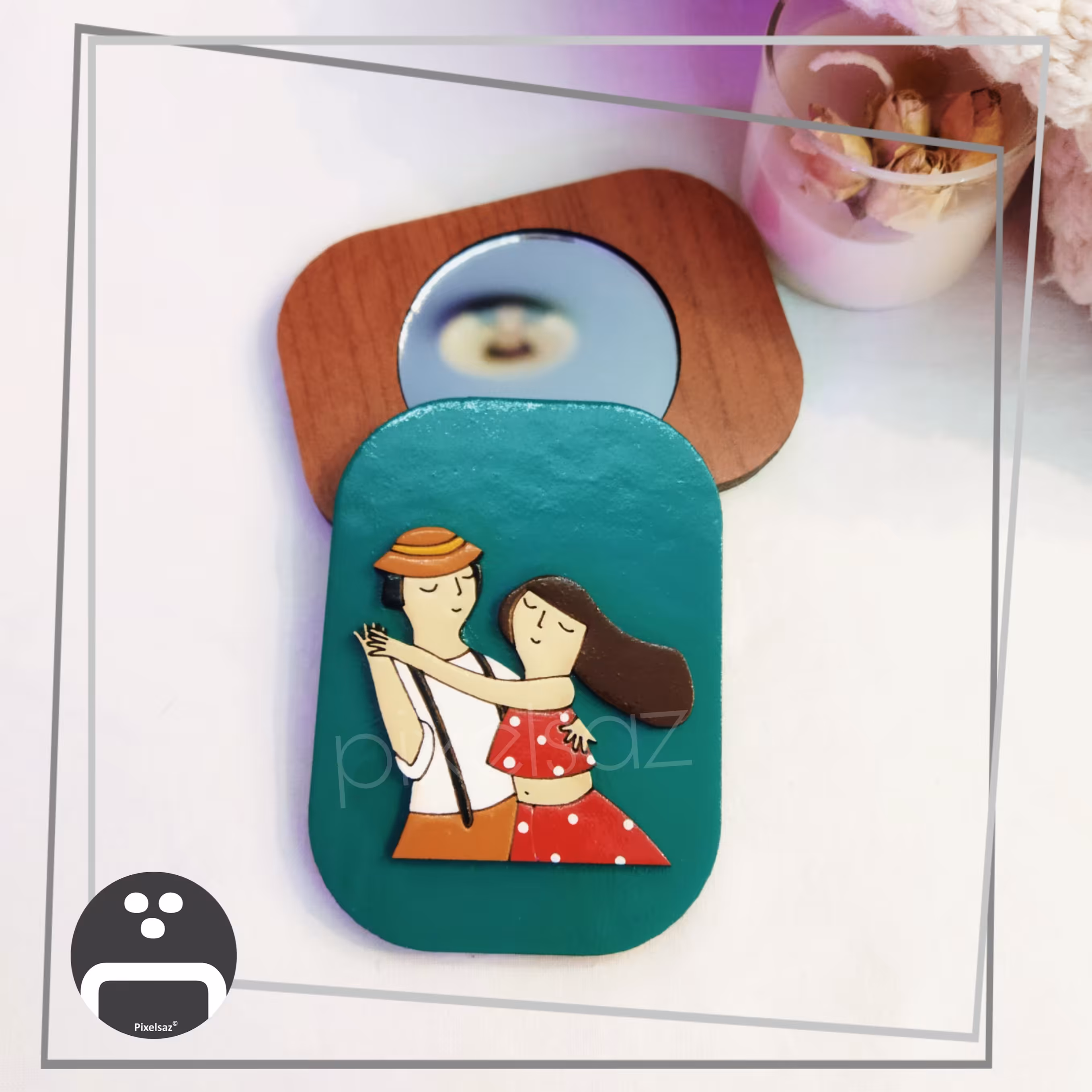 آینه جیبی طرح رقص پیکسل ساز/جنس چوبی و نقاشی شده/ضدآب