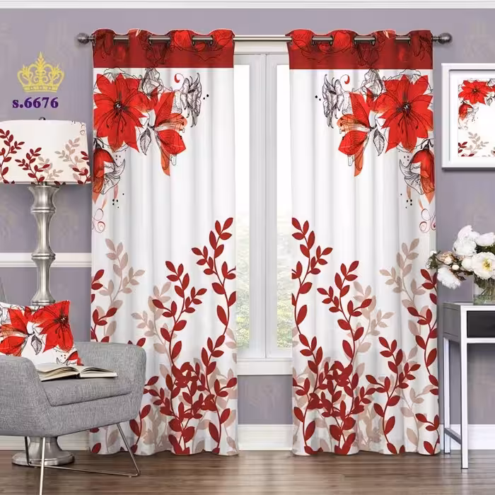 پرده اتاق خواب دو قواره پانچ گلدار طرح گل شیپوری نقاشی کد S6676