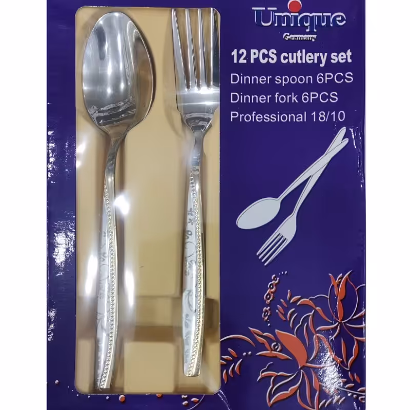 قاشق و چنگال برند یونیک جنس استیل 18-10 تعداد 12 عدد رنگ نقره ای طلایی کد 01