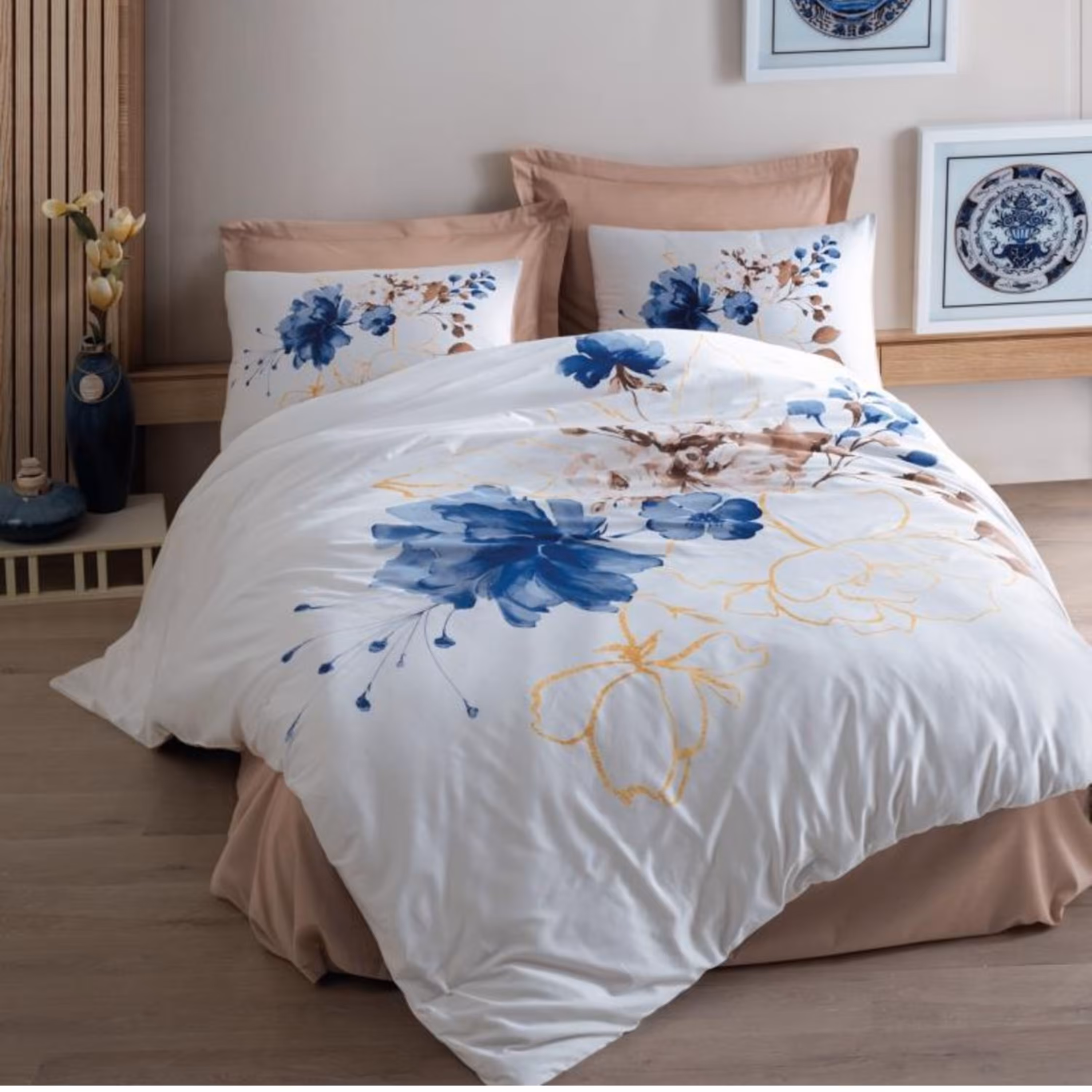 ست ملحفه کاتن باکس مدل Baskili Saten Carmine Bej دو نفره 6 تکه