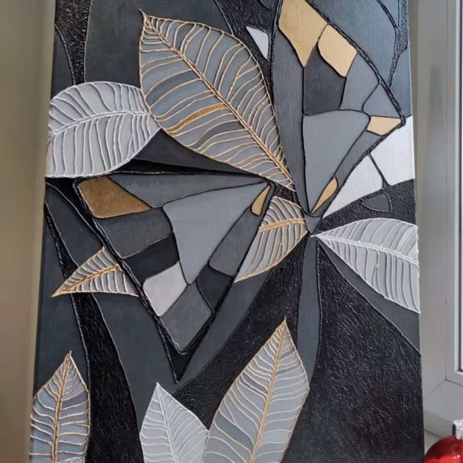 تابلو برجسته تکسچر  . طرح برگ و رنگ . رنگ دلخواه اجرا میشه.متریال کار شده تکسچر.رنگ اکرولیک . ورق طلا و نقره