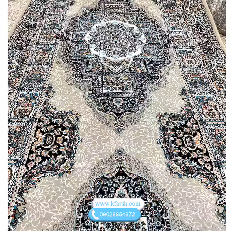 فرش کناره 700 شانه طرح حوض نقره (کرم کاراملی و سرمه ای)