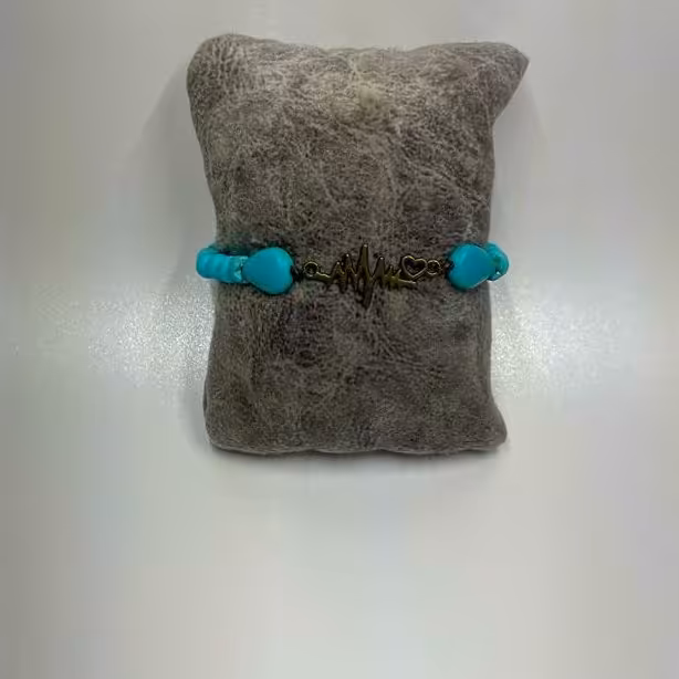 دستبند آسانسوری با مهره های طرح فیروزه و مهره های آبی فسفری ترکیبی همراه با خرح کار برنزی ضربان قلب 