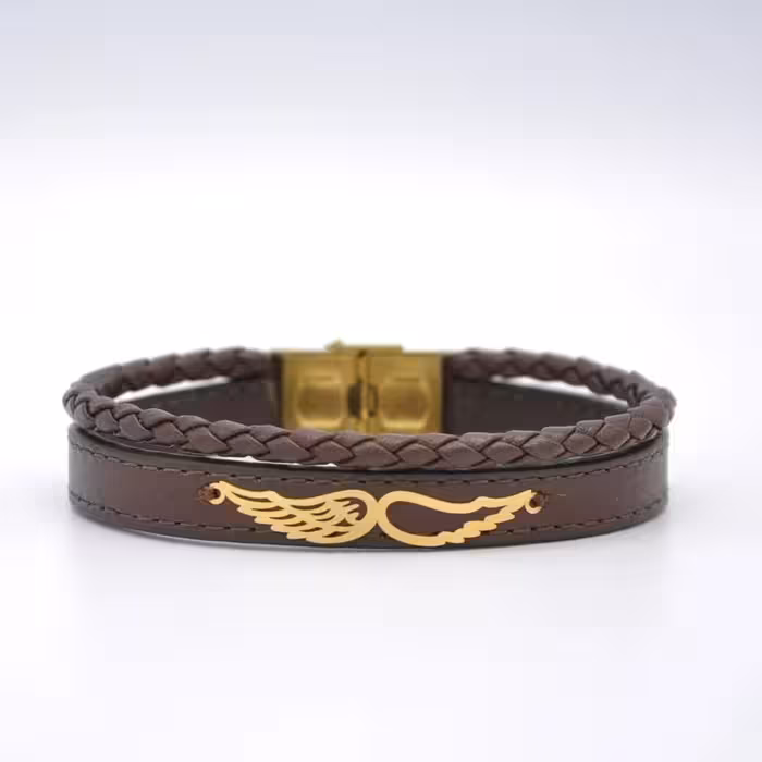 دستبند چرم طبیعی و پلاک بال نقره با آبکاری طلا (سفارشی)