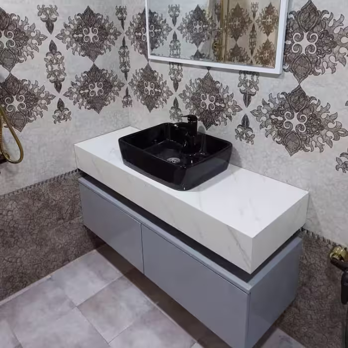 روشویی کابینتی مدل میرو ابعاد 45در 100 تمام پی وی سی صفحه سنگی مرمریت کاسه مشکی سرامیکی ارسال به سراسر ایران