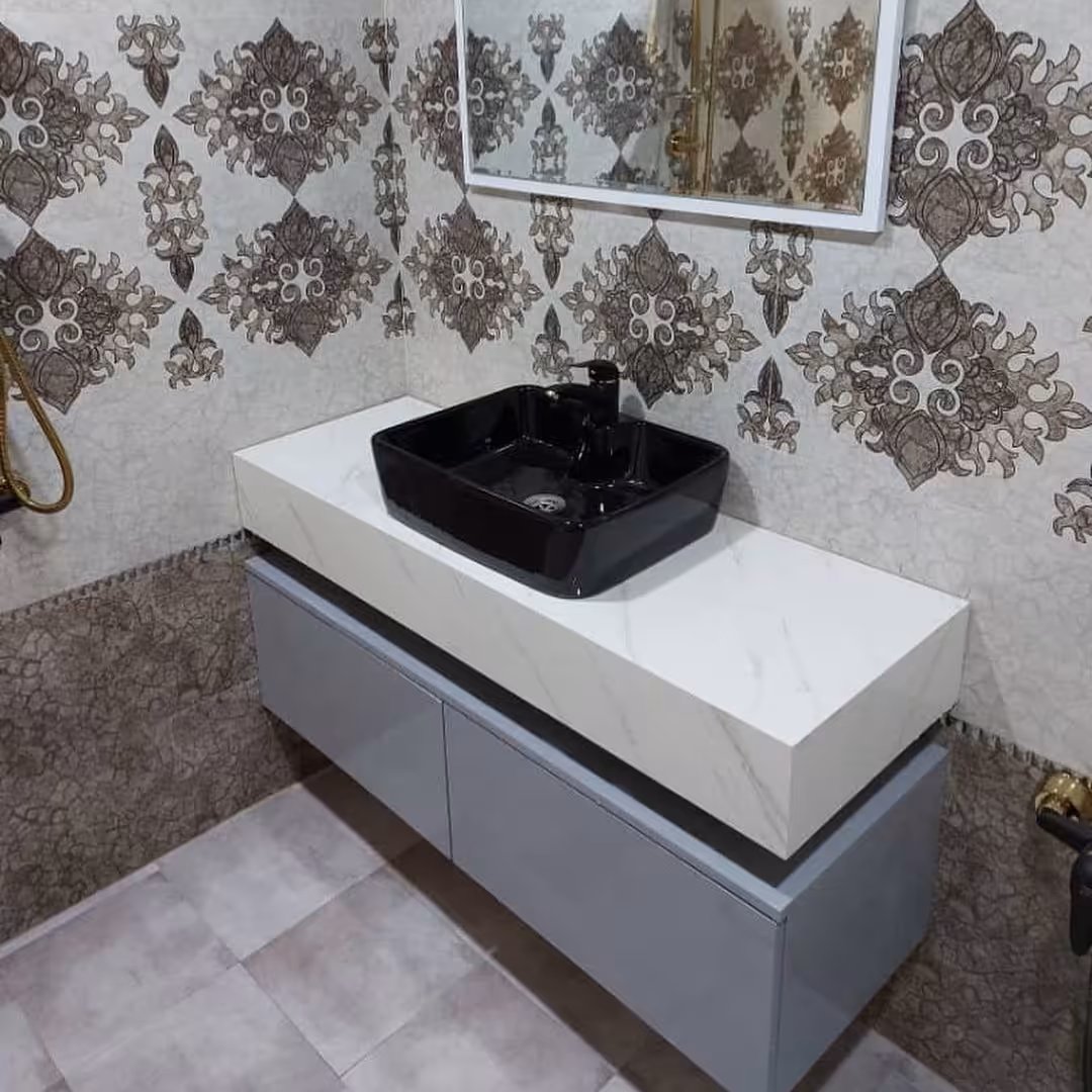 روشویی کابینتی مدل میرو ابعاد 45در 100 تمام پی وی سی صفحه سنگی مرمریت کاسه مشکی سرامیکی ارسال به سراسر ایران