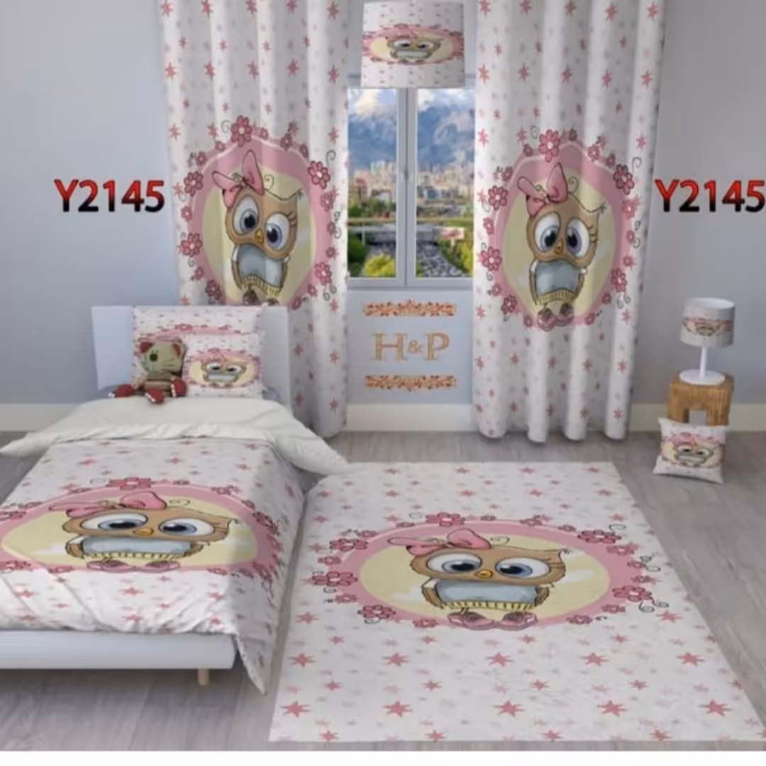 ست اتاق کودکدخترونه  طرح جغد .روتختی .یک پنل پرده .فرشینه (پس کرایه)