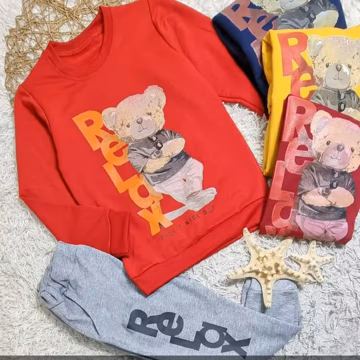 ست بلوز و شلوار پسرانه، چاپ تدی، سایز 50 تا 60 مناسب 5 سال 12 سال، کیفیت عالی تکرنگ خردلی