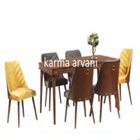 میز و صندلی ناهار خوری 6 نفره چوبی اویاز طوسی زرد پشت صندلی چوبی 155*90*77 برند صنعت چوب کارما