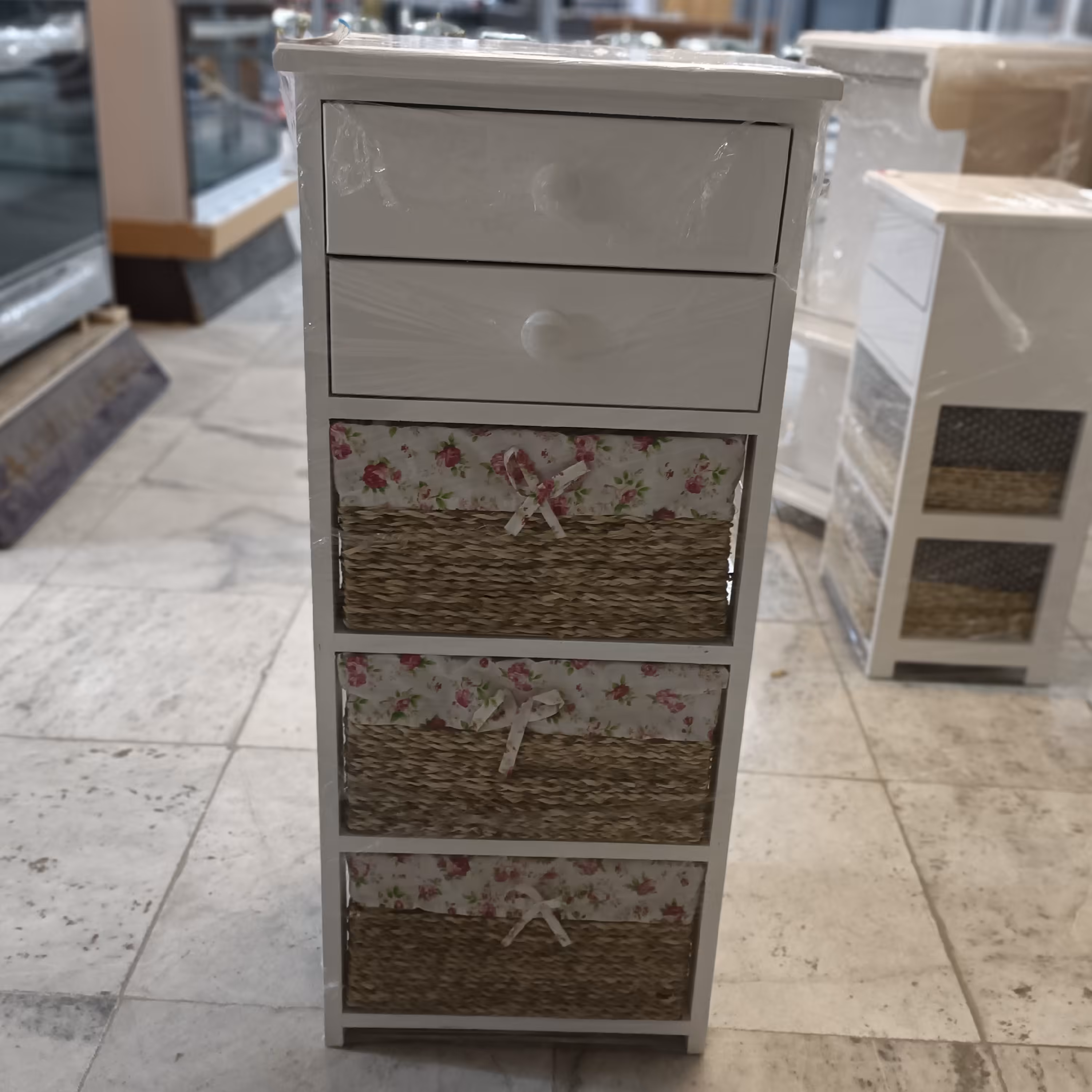 سبد سیب زمینی و پیاز و میز  آشپزخانه 5 طبقه 2 کشو چوبی و 3 کشو حصیری سبدها حصیری